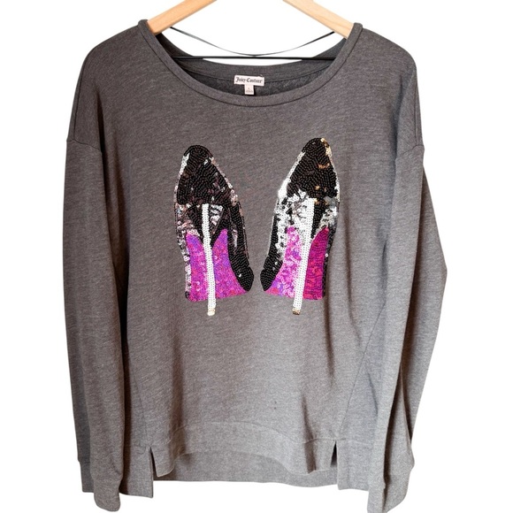 Juicy Couture Bling Gray Pullover Sweatshirt Sequin Heels Logo on Collar Sz L - Picture 1 of 5